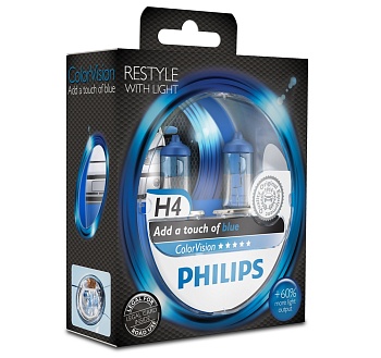 Комплект ламп Philips ColorVision H4 60/55W +60% света, синий цвет