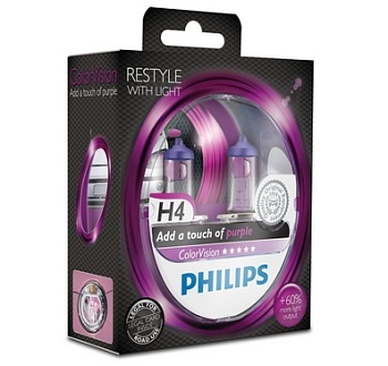 Комплект ламп Philips ColorVision H4 60/55W +60% света, розовый цвет