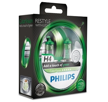 12342CVPGS2, Комплект ламп Philips ColorVision H4 60/55W +60% света, зеленый цвет