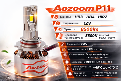 Комплект светодиодных ламп Aozoom P11 HB3-HB4 (9005/9006/9012), 12V, 75W, 8500Lm