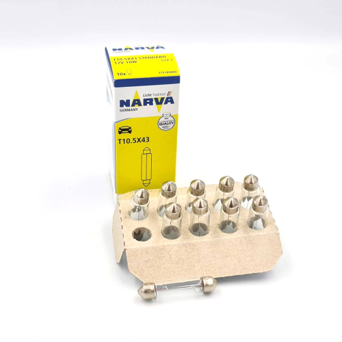 173143000. Лампа салонная Narva 41mm 12V 10W, сервисная коробка 10 шт.